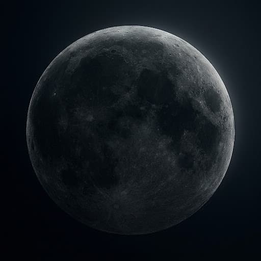 A dark lunar sphere lit by a thin silver rim light, emerging from near-black space
