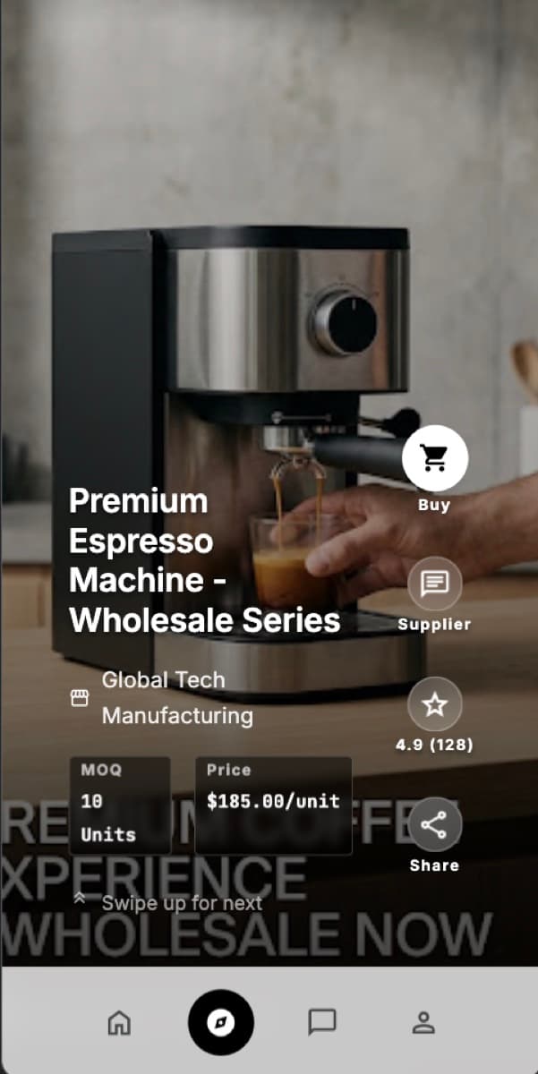 A SwipeShop feed card for a wholesale espresso machine, showing supplier, rating, minimum order quantity and unit price, with a prompt to swipe up for the next item
